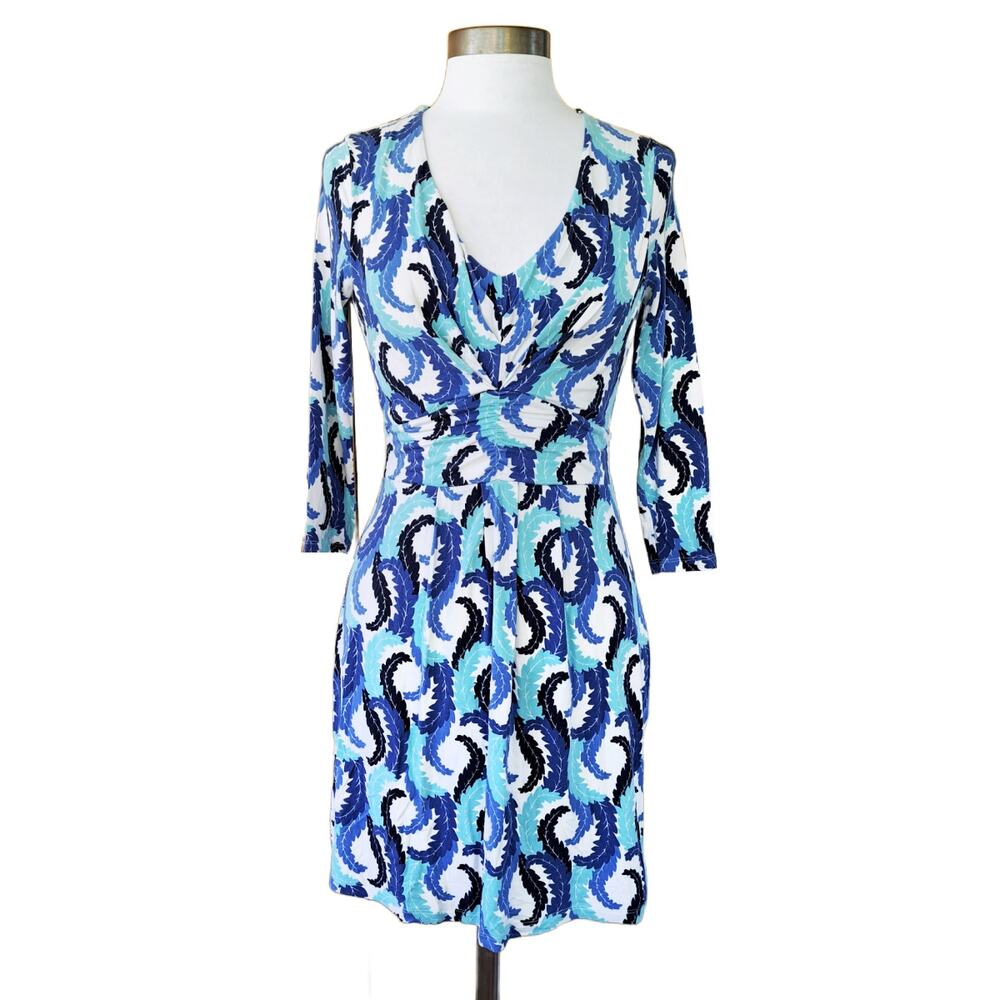 Boden Marion Blue Leaf Print Jersey Tunic Mini Size 4 V-neck 3/4 Sleeve - Picture 2 of 13
